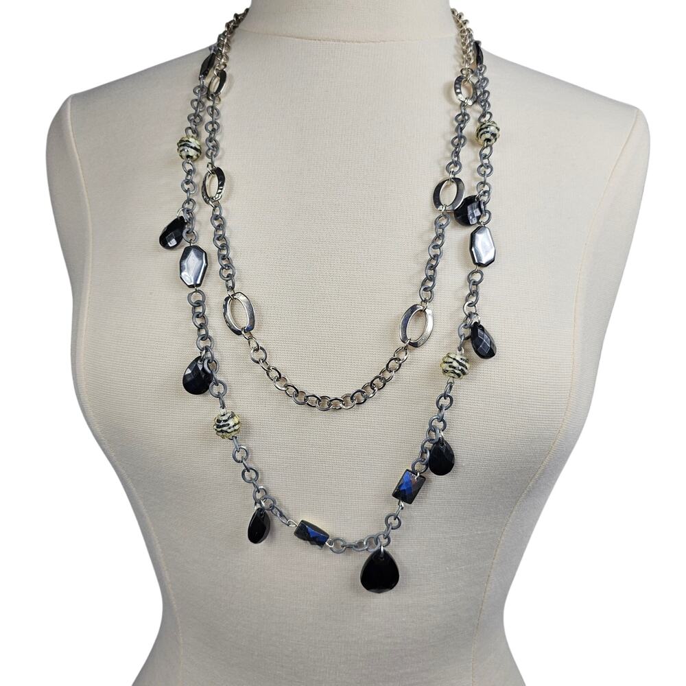 Multi Strand Silver Tone Chain Necklace Textured Oval Links Faceted Acrylic Bead